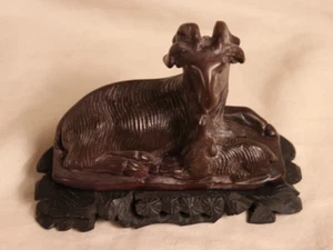 Antique Chinese Fengshui Bronze Big Horn Sheep/Goat on Wood Base  - Wealth Lucky - Picture 1 of 10