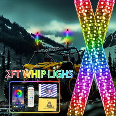 2FT Spiral LED Fat Whip Lights Antenna RGB Chasing For Can-am X3 RZR UTV ATV - Image 1 of 4