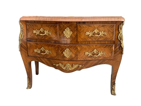 Marquetry French Bombe  Inlaid Chest of 3 Drawers Louis XV with cream marble top Cover