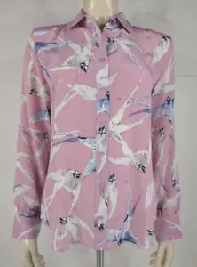 NWT Ann Taylor pink bird print 100% Silk button front shirt blouse ladies Small - Picture 1 of 9