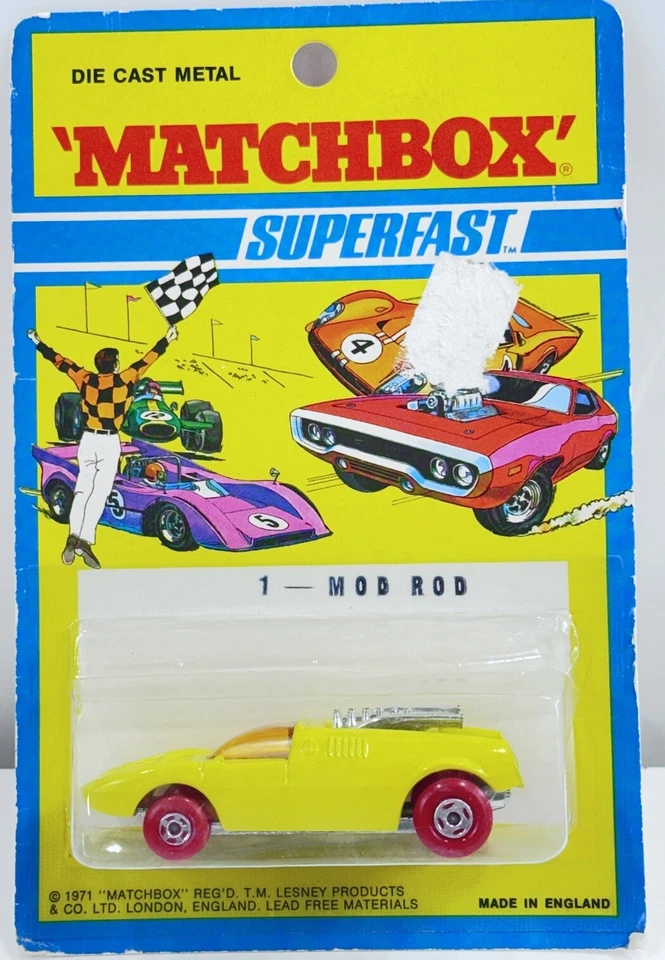 Matchbox Superfast Nuevo 1 Mod Rod Amarillo con Ruedas Rojas Original Blister Tarjeta Difícil de Encontrar Foto 1 de 4