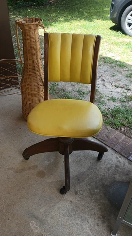 Antique 1930s GUNLOCKE Mahogany  Faux Leather Office Desk Banker Chair  YELLOW Cover