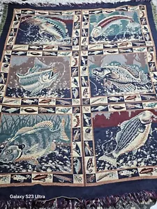 Goodwin Weavers Fishing Throw Blanket Fisherman Lures Tapestry 100% Cotton USA - Picture 1 of 13