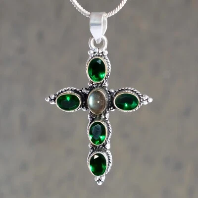 Pedra preciosa labradorita Diopside prata esterlina 925 feita à mão cruz de presente de Natal - Imagem 1 de 4