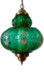 Vintage 70er-80er Falkenstein grüne Blase Blumen Glas hängende Swag Lampe/Lampe - Bild 1 von 24