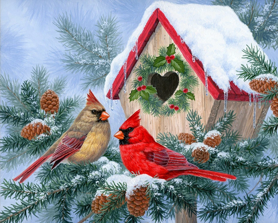 Christmas Home Birdhouse Fabric Holiday Cardinal Digital Cotton David 35" Panel - Image 1 of 1
