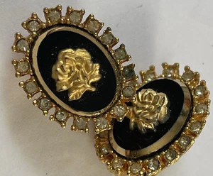 Celebrity NY black & goldtone rose cameo clip on earrings - Picture 1 of 3