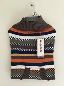 NEW Large Striped Dog Sweater by Wag-a-Tude-Brown, Orange, Navy, Green, White - Picture 1 of 24