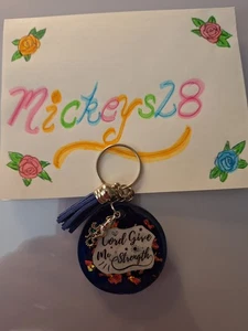 Handgefertigter UV Harz Schlüsselanhänger rund 2" dunkelblau, Gott gib mir Stärke, Quaste - Bild 1 von 4