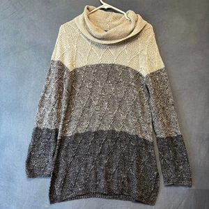 Jeanne Pierre Sweater Fisherman Tunic Colorblock Cable Knit Cowl Neck Preppy LG - Picture 1 of 12