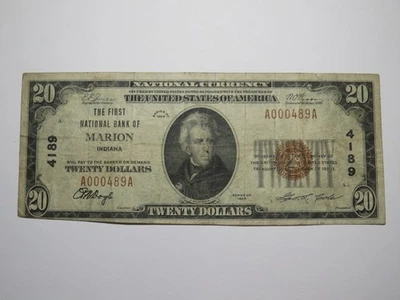 $20 1929 Marion Indiana IN National Currency Bank Note Bill Charter #4189 FINE - Image 1 of 3