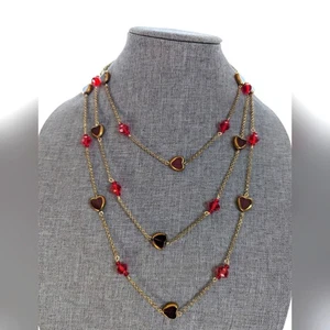Pier 1 Imports Triple Strand Gold Tone Chain Glass Beaded Heart Layered Necklace - Picture 1 of 4