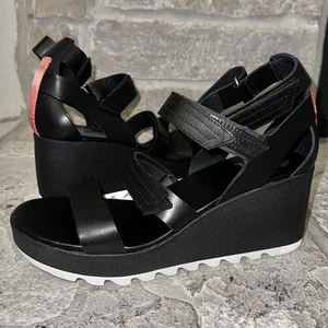 New Sorel Black Leather Quad-Strap Wedge Sandals Shoes 9.5 Womens - Picture 1 of 8