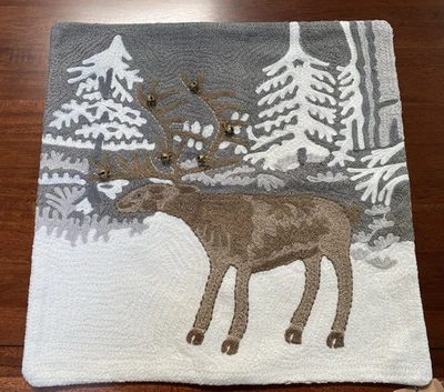 Pottery Barn 18”x18” Gray Neutral Crewel Embroidered Moose Pillow Cover - New - Image 1 of 4