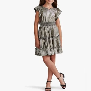 Zac Posen Girl Size 14 Short Ruffle Sleeve Elastic Waist Gold Black Party Dress  - Picture 1 of 12
