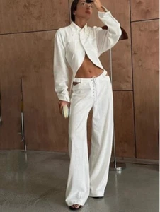 Fashion Set Long Sleeve Pajamas Turn-Down Collar Sleepwear Crop Top Women Suit - Picture 1 of 27