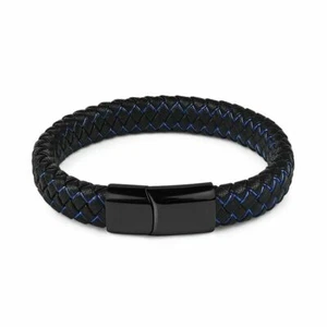 Jiayiqi New Men Jewelry Punk Black Blue Braided Leather Bracelet for Men Stainle - Picture 1 of 3
