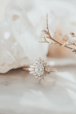 1.20 CT Oval Cut Moissanite Engagement Ring, Starburst Halo Ring, Bridal Jewelry - Image 1 of 4