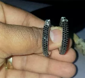 2Ct Round Cut Black Diamond Hoop Earrings Solid 14K White Gold Over Lab Created - Picture 1 of 5