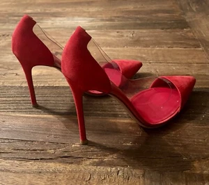 👠Gianvito Rossi $815 Tabasco Red Suede Plexi Pumps Made Italy Size 38/39 US 8/9 - Picture 1 of 19