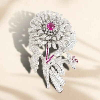 47.92TCW Cabochon Ruby & White Sapphire Women's Flower Brooch Pin In 935 Silver - Image 1 of 4