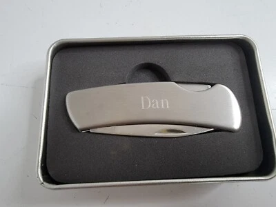 Engraved Pocket Knife Silver Chrome Brushed Small w/ Display Case Etched DAN - Image 1 of 4
