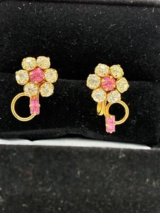 vintage rhinestone screw back earrings flower pink gold tone unbranded - Picture 1 of 8
