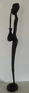 Tribal African Carved Black Wood Man drinking from gourd 15 1/4" tall skinny - Picture 1 of 5
