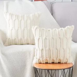 Plush Short Wool Beige Throw Pillow Covers 22x22 Inch Set of 2 Super Soft Coz... - Picture 1 of 6