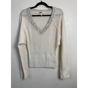 Free People Wool Blend Ivory V-Neck Sequin Sweater Women Small Dolman Sleeve - Picture 1 of 11