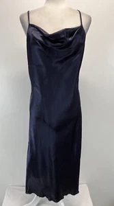 Bebe Satin Cowl Neck Midi Slip Dress Sz Large Women’s Navy Blue Whimsigoth - Picture 1 of 7