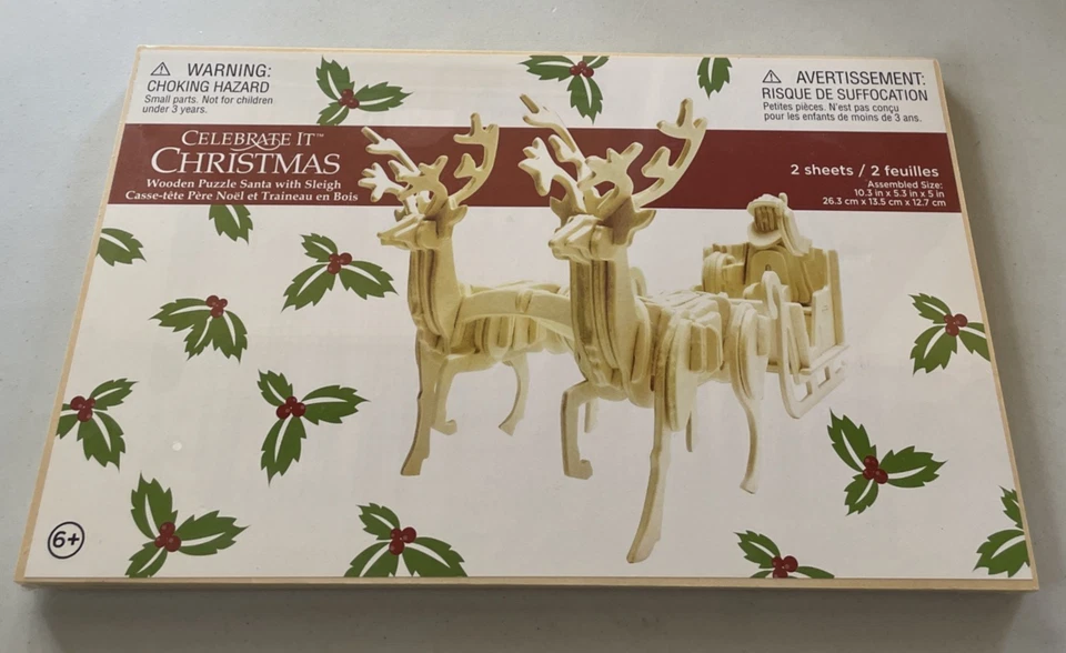 Celebrate Christmas 3d Wooden Puzzle Santa Reindeer Sleigh Decoration
