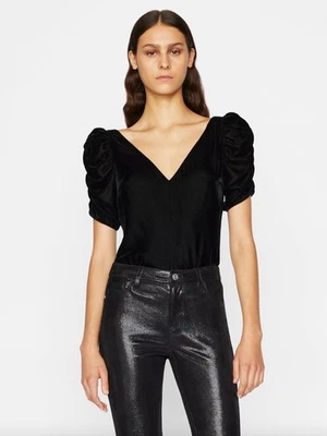 Frame Women's Black Velvet Lined Rusched Sleeve V-Neck Blouse Top Size S Foto 1 de 4