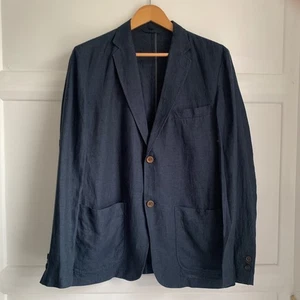 MUJI Linen Blazer Mens Medium 38 40 Navy Blue Unlined Patch Pocket Jacket - Picture 1 of 14