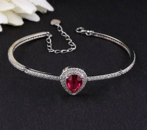 5Ct Pear Cut Simulated Ruby Women Halo Bangle Bracelet 925 White Sterling Silver - Picture 1 of 5