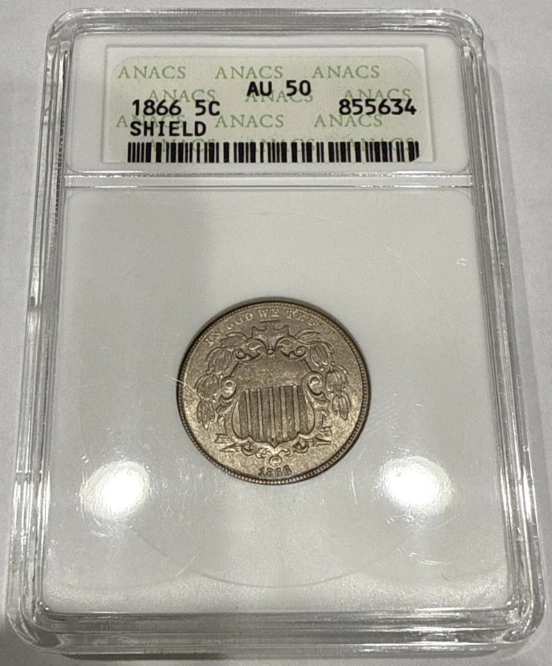1866 Escudo Níquel con Rayos ANACS Jabonera Soporte AU50 Foto 1 de 4