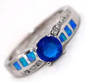 1CT Treated Blue Sapphire & Australian Opal 925 Sterling Silver Ring Sz 9 AB1 - Picture 1 of 3