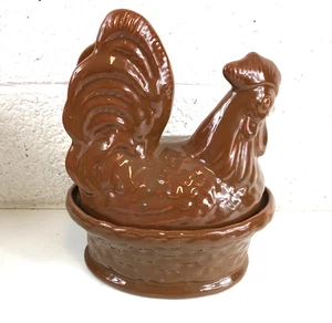 Vintage Ceramic Hen Chicken Large Deep Egg Crock Holder Brown Glaze 11 x 9 x 8" - Picture 1 of 13