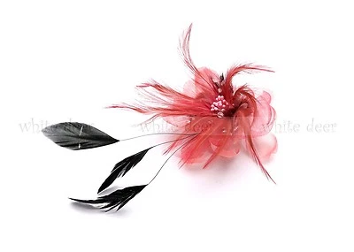 Women's Lady Black Feather Flower Brooch Pin Clip Rhinestone Party Headdress - Image 1 of 2