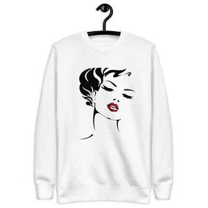 Woman Face Black Outline Unisex Premium Sweatshirt Red Lip - Picture 1 of 13