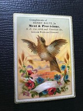 1800's Embossed Henry Baltz Jr Brown Bird Flying Over Sun Victorian Trade Card 