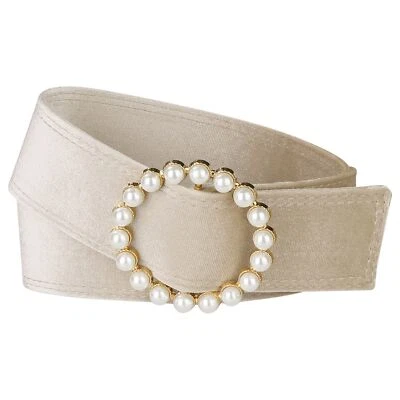 Cinturón de cintura con hebilla de perla sintética para mujer, cinturones de terciopelo ancho cincha para vestido Foto 1 de 4