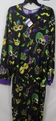 Mardi Gras Costume Large XL Adult Womens Mens Pajamas Black Zip Jumpsuit Hood - Image 1 of 4