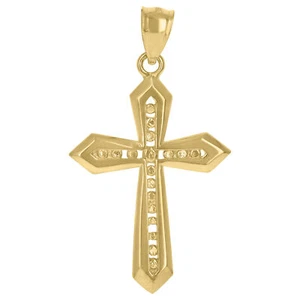 10K Solid Yellow Gold Men's Women's Textured Diamond-Cut Religious Cross Pendant - Picture 1 of 4