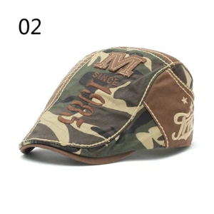 Mens Camouflage Beret Hat Flat Caps Outdoor Sun Golf Driving Camo Casual Vintage - Picture 1 of 17
