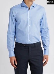 CAMICIA ABITO HUGO BOSS NUOVA CON ETICHETTE HANK SLIM FIT MICROMODELLO COTONE ELASTICIZZATO BLU. 17/43 - Foto 1 di 14