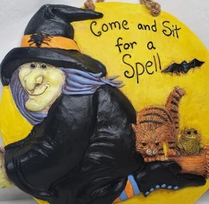 Halloween Door Sign Witch Cat Frog Full Moon Anthropomorphic Broom Resin 2005 - Picture 1 of 12