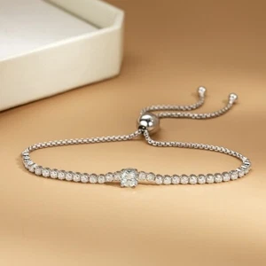 Full Real Moissanite Tennis Bracelet for Women S925 Silver 18K White Gold Plated - Picture 1 of 13
