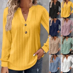 Ladies Jumper Top V Neck Pullover Women Loose Long Sleeve Casual Work Tops AU - Picture 1 of 39