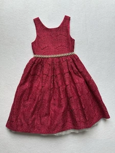 American Princess Girls Size 10 Red Lace Sleeveless Dress W/ Bow & Pearl Belt - Picture 1 of 9